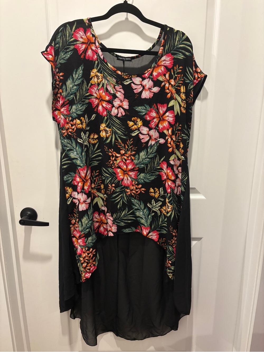 cha cha vente Black Floral High-Low Dress with Pink & Green Bloom